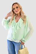 Load image into Gallery viewer, Ruffle Trim Front Long Sleeve Top
