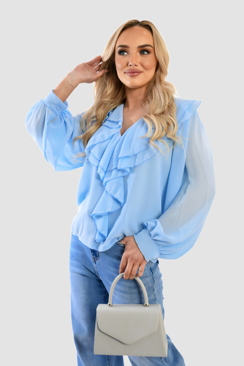 Ruffle Trim Front Long Sleeve Top