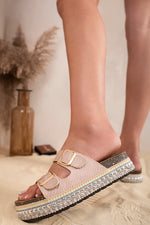 Load image into Gallery viewer, Twin Buckle Flatform Sliders with Embellished Sole
