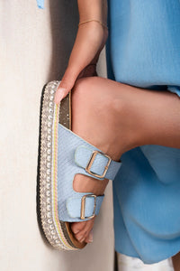 Twin Buckle Flatform Sliders with Embellished Sole