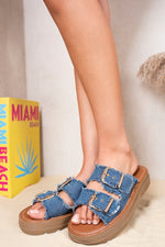 Load image into Gallery viewer, Double Buckle Denim Platform Sandals
