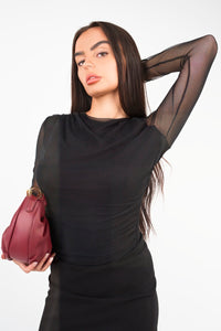 Mesh Long Sleeve Ruched Longline Top