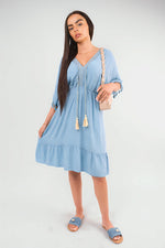 Load image into Gallery viewer, V-Neck Short Sleeve Midi Dress with Tassel Detail
