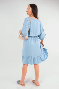 V-Neck Short Sleeve Midi Dress with Tassel Detail