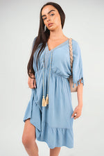 Load image into Gallery viewer, V-Neck Short Sleeve Midi Dress with Tassel Detail
