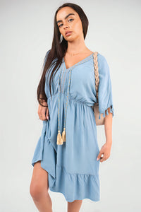 V-Neck Short Sleeve Midi Dress with Tassel Detail