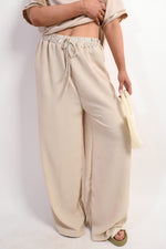 Load image into Gallery viewer, Drawstring Shiny Waist Wide Leg Trouser
