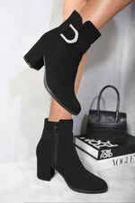 Load image into Gallery viewer, Rhinestone Buckle Chunky Block Heeled Boots
