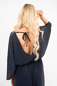 Wide Leg V Neck Jumpsuit with Back Tie Detail