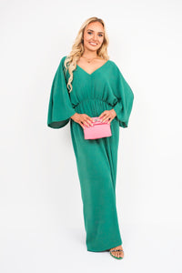 Wide Leg V Neck Jumpsuit with Back Tie Detail