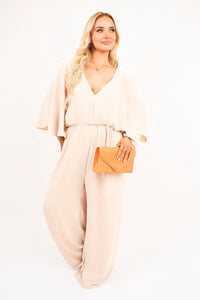 Wide Leg V Neck Jumpsuit with Back Tie Detail