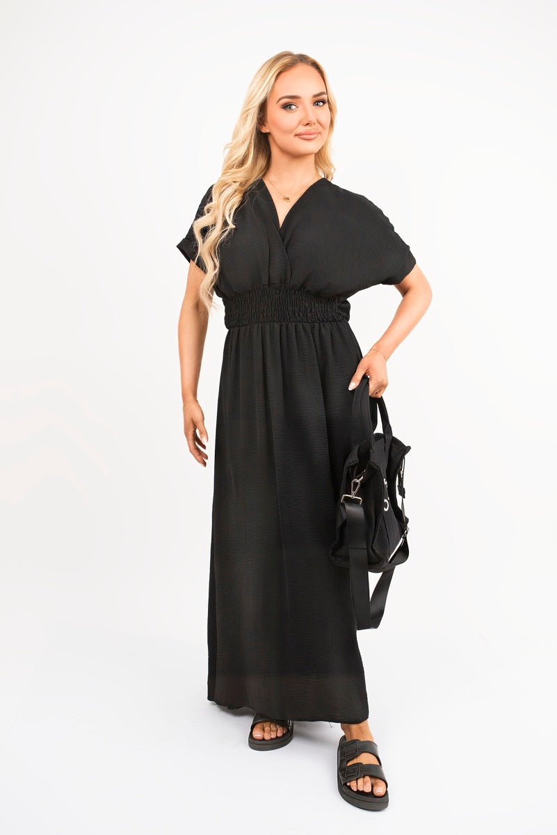 V-Neck Short Sleeve Maxi Dress with Shirred Waist
