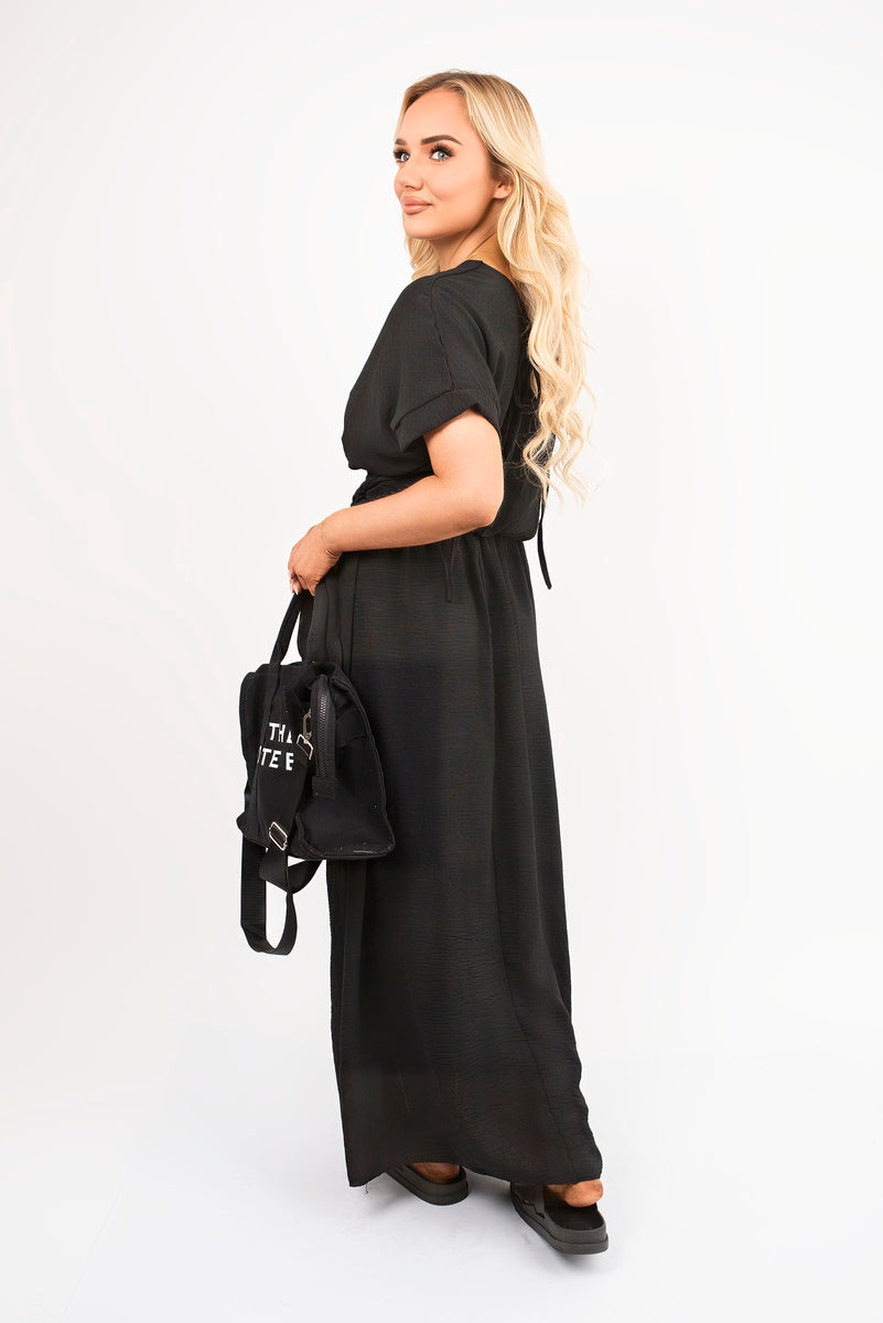 V-Neck Short Sleeve Maxi Dress with Shirred Waist