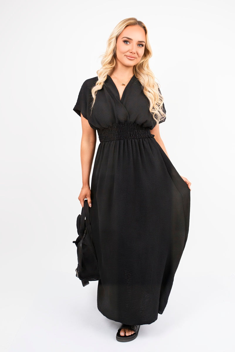 V-Neck Short Sleeve Maxi Dress with Shirred Waist