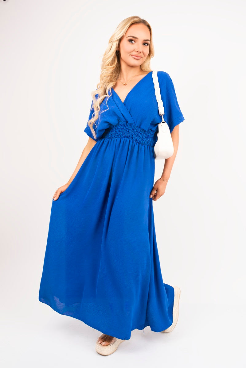 V-Neck Short Sleeve Maxi Dress with Shirred Waist