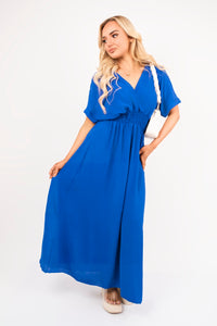 V-Neck Short Sleeve Maxi Dress with Shirred Waist