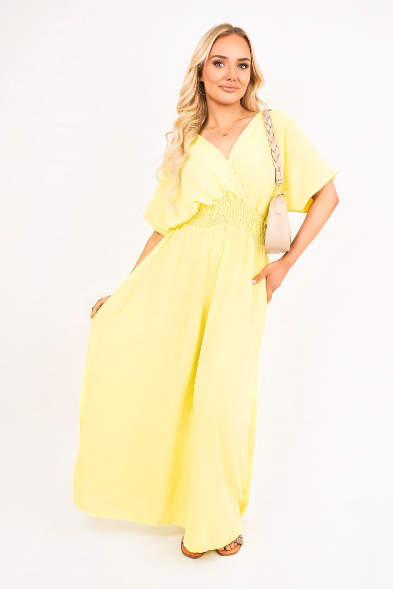 V-Neck Short Sleeve Maxi Dress with Shirred Waist
