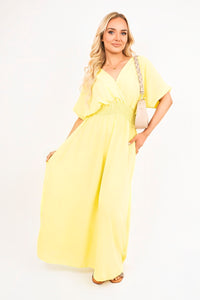 V-Neck Short Sleeve Maxi Dress with Shirred Waist