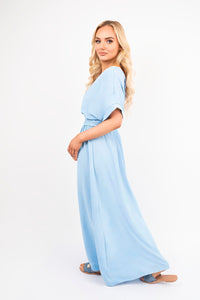 V-Neck Short Sleeve Maxi Dress with Shirred Waist