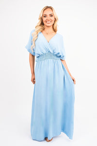V-Neck Short Sleeve Maxi Dress with Shirred Waist