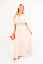 Load image into Gallery viewer, V-Neck Short Sleeve Maxi Dress with Shirred Waist

