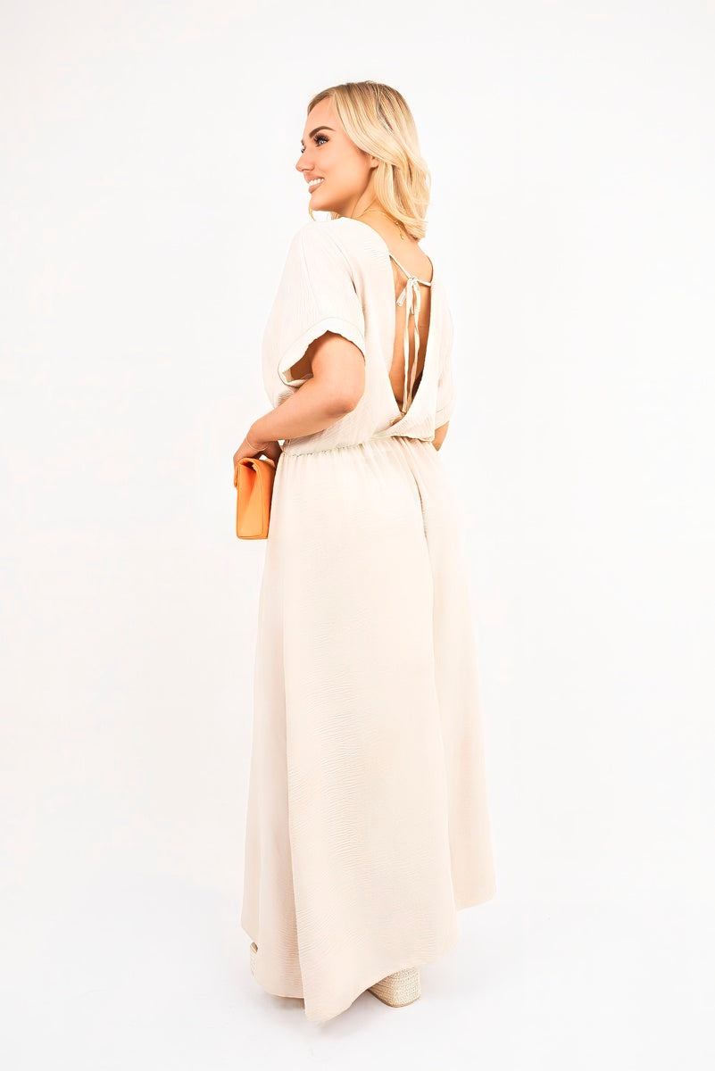 V-Neck Short Sleeve Maxi Dress with Shirred Waist