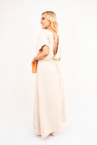 V-Neck Short Sleeve Maxi Dress with Shirred Waist