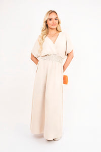 V-Neck Short Sleeve Maxi Dress with Shirred Waist
