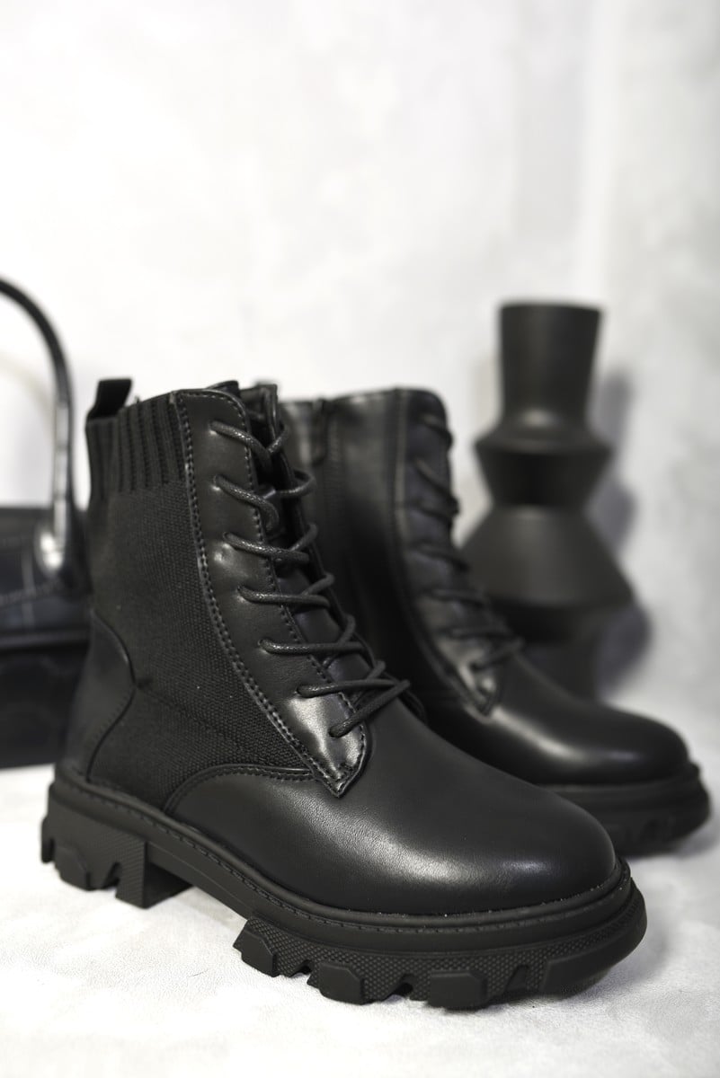 Kid's Knit Lace Up Chunky Ankle Boots