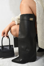 Load image into Gallery viewer, Skirted Fold Over Buckle Pointed Toe High Boots
