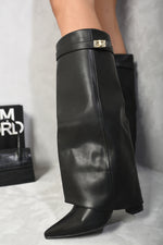 Load image into Gallery viewer, Skirted Fold Over Buckle Pointed Toe High Boots
