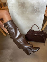 Load image into Gallery viewer, Skirted Fold Over Buckle Pointed Toe High Boots
