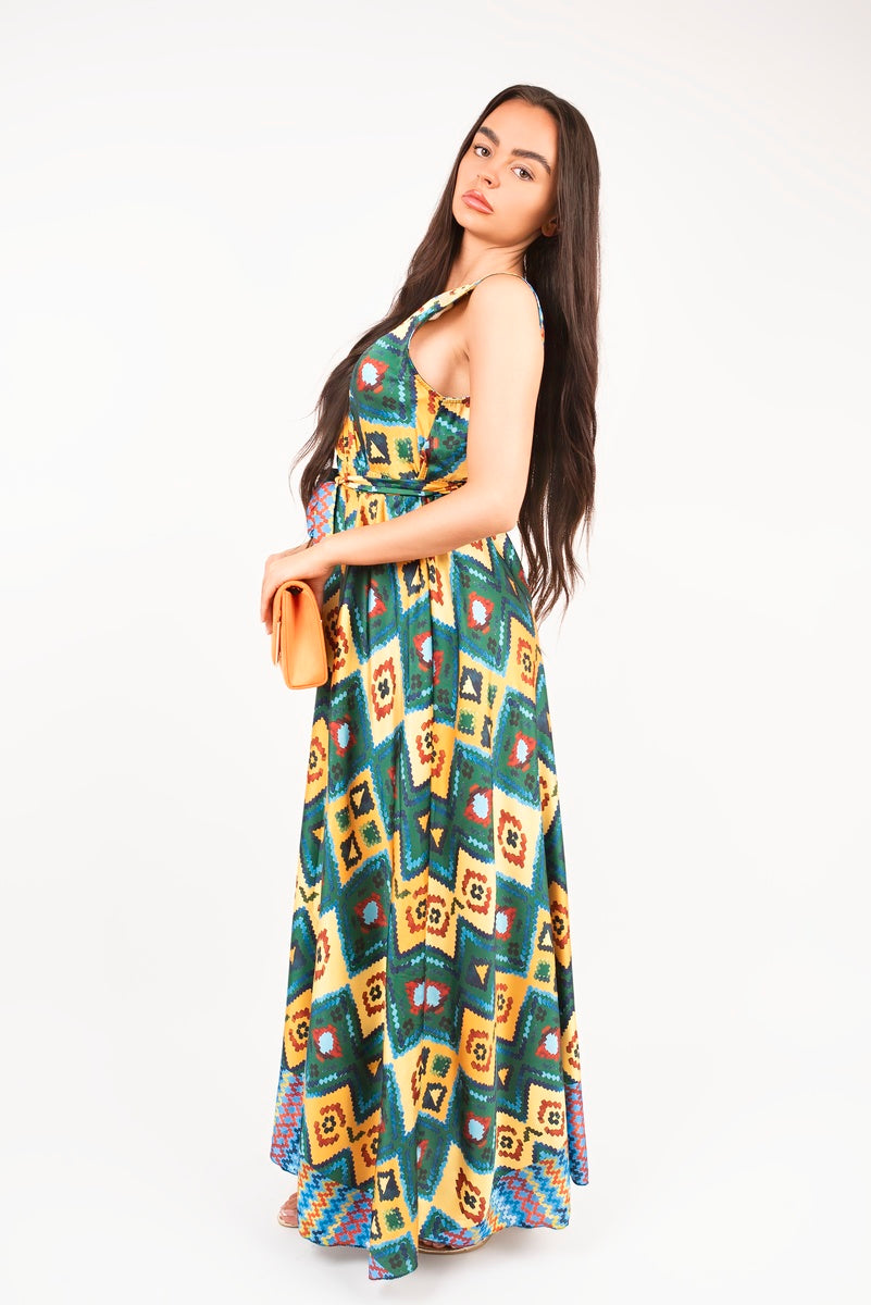 V-Neck Sleeveless Maxi Dress with Tie Waist