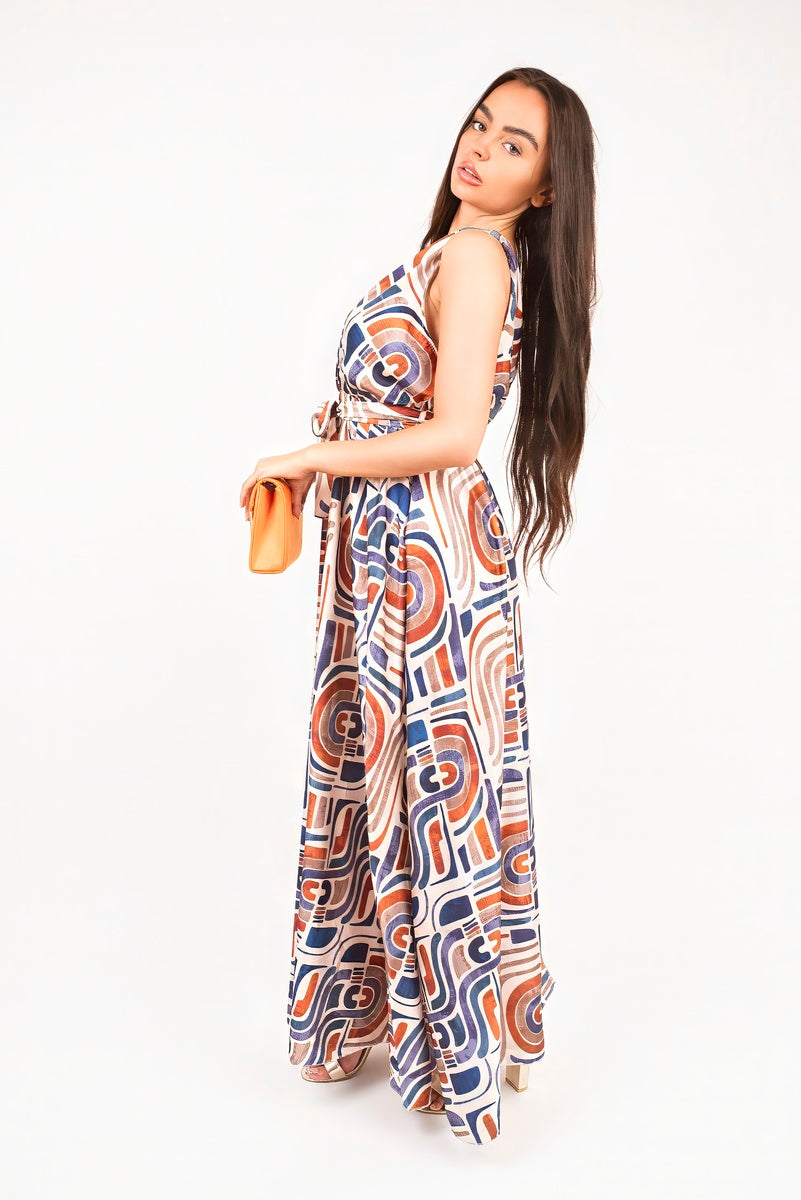 V-Neck Sleeveless Maxi Dress with Tie Waist