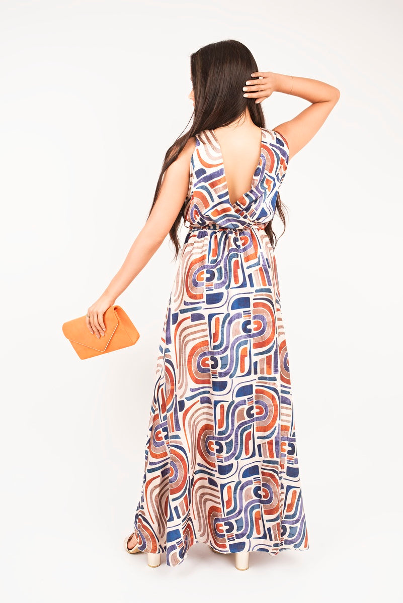 V-Neck Sleeveless Maxi Dress with Tie Waist