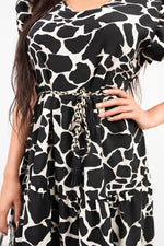 Load image into Gallery viewer, Printed Short Sleeve Tiered Midi Dress with Waist Tie
