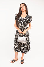 Load image into Gallery viewer, Printed Short Sleeve Tiered Midi Dress with Waist Tie
