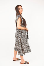 Load image into Gallery viewer, Printed Short Sleeve Tiered Midi Dress with Waist Tie
