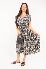 Load image into Gallery viewer, Printed Short Sleeve Tiered Midi Dress with Waist Tie
