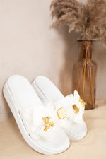 Load image into Gallery viewer, Quilted Slide Sandals with Bow and Gold Charm Detail
