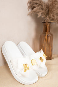 Quilted Slide Sandals with Bow and Gold Charm Detail