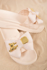 Load image into Gallery viewer, Quilted Slide Sandals with Bow and Gold Charm Detail
