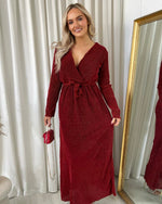 Load image into Gallery viewer, Elegant V Neck Tie Waist Glittery Maxi Dress
