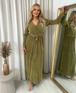 Load image into Gallery viewer, Elegant V Neck Tie Waist Glittery Maxi Dress
