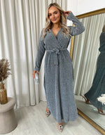 Load image into Gallery viewer, Elegant V Neck Tie Waist Glittery Maxi Dress
