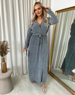 Load image into Gallery viewer, Elegant V Neck Tie Waist Glittery Maxi Dress
