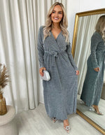 Load image into Gallery viewer, Elegant V Neck Tie Waist Glittery Maxi Dress
