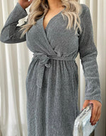 Load image into Gallery viewer, Elegant V Neck Tie Waist Glittery Maxi Dress
