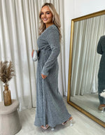 Load image into Gallery viewer, Elegant V Neck Tie Waist Glittery Maxi Dress
