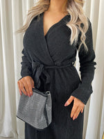 Load image into Gallery viewer, Elegant V Neck Tie Waist Glittery Maxi Dress
